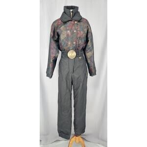 Vintage FERA Ski Jumpsuit Womens 6 Black Floral Insulated Belted Snowsuit 90s